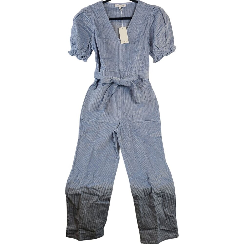 Sofie The Label Blue Striped Corduroy Belted Puff Sleeve Jumpsuit Pockets Sz L